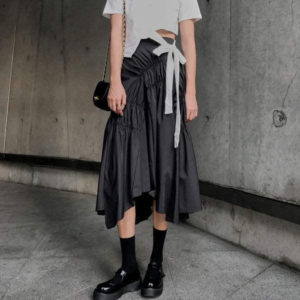 

skirts korean ruffle pleated midi long aline skirt women casual spring summer autumn elastic high waist irregular hem allmatch 230424, Black