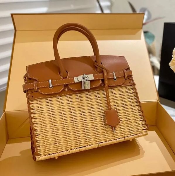 

tote straw bag hand-woven shoulder bag women handbag silver hardware accessories lock trim 5515leather handle weave clutch hollow-out purse