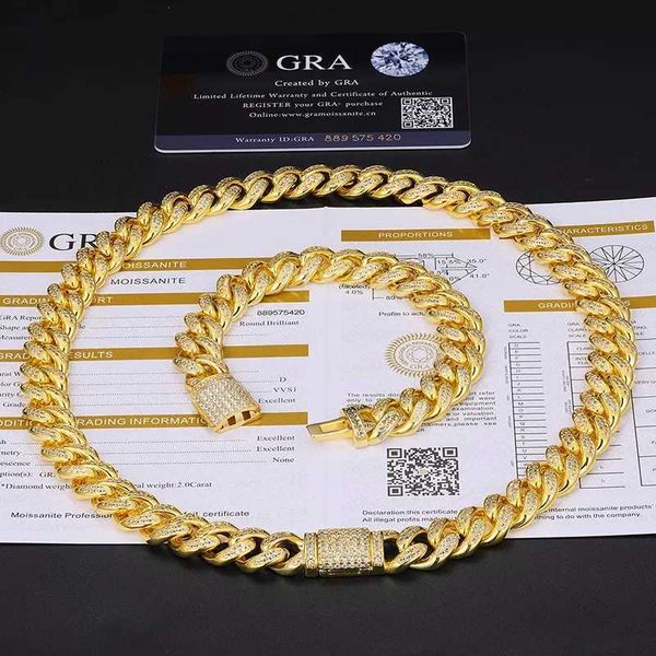 

hip hop jewelry 12mm gold plated 925 sterling silver vvs moissanite diamond iced out cuban link chain necklace