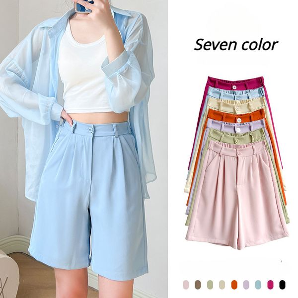 

women's shorts women's summer shorts loose casual suit short pants girl solid pink sky blue knee length button high waisted shorts, White;black