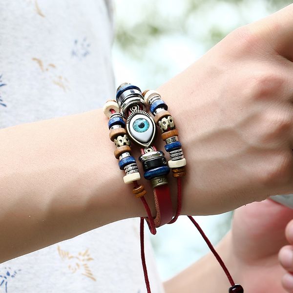 

bohemian style evil eye charm bracelet 3 layered leather bracelets jewelry, White