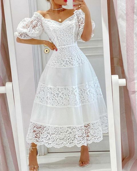 

casual dresses v-neck scallop trim contrast lace flare dress 230425, Black;gray