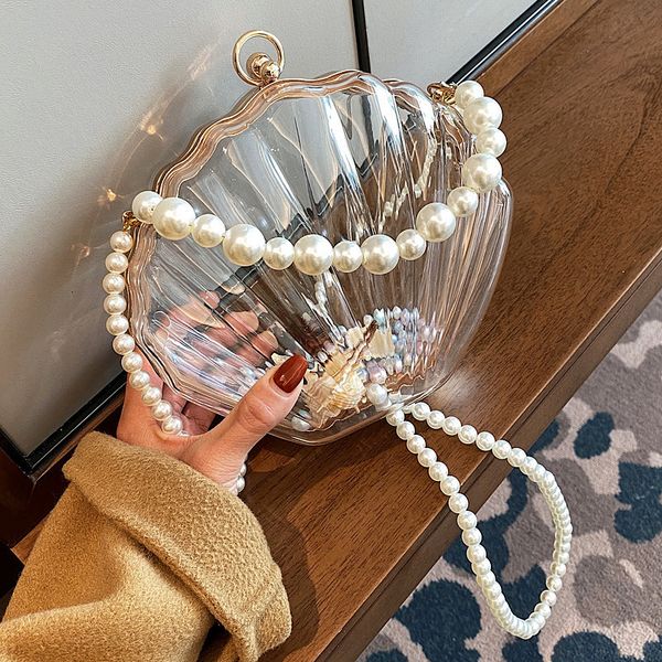 

evening bag's handbag fashion transparent candy color seashell box bag clutches with pearl chain shoulder bags ladies purses 230424