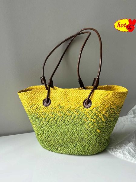 

illaka palm fiber cow leather anagram basket bag hand-woven beach basket totes tubular ox leather strap and handle handbags color gradient s