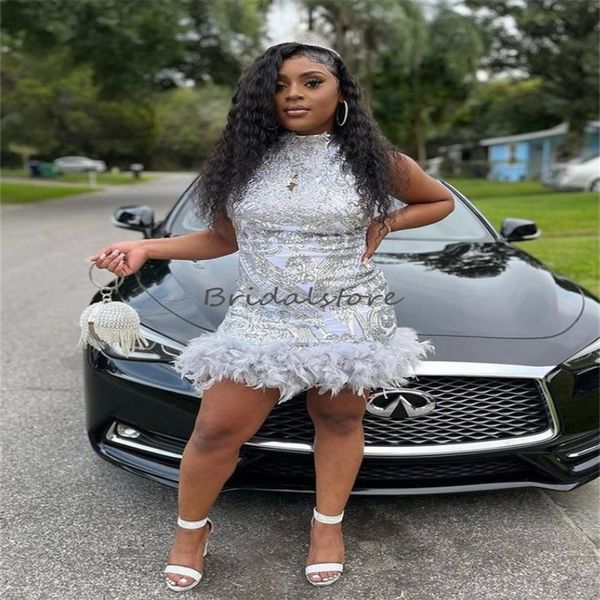 

glitter sequin silver prom dress with feather high neck mini short cocktail party dresses 2023 plus size graduation dresses dinner homecomin, Black