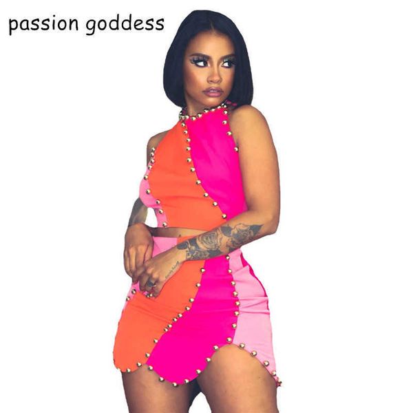 

two piece dress summer two piece dress set for women rivet sleeveless tank and bodycon ruffles edge mini skirts outfits streetwear suit j230, White