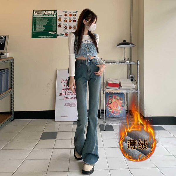 

high stretch flared pants 2022 winter denim women's raw hem regular thin velvet versions, Blue