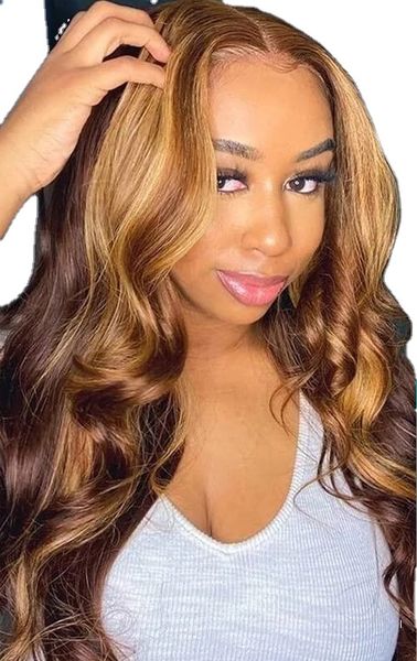 

highlight body wave 360 hd full lace frontal wigs for women honey blonde pre plucked 13x4 transparent lace front human hair wig, Black;brown