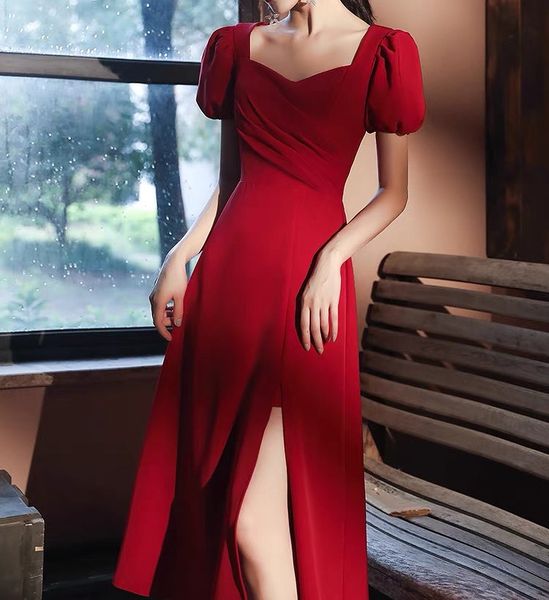 

burgundy cocktail dresses 2023 elegant square collar puff sleeve high slit formal party prom gowns ladies homecoming new, Black