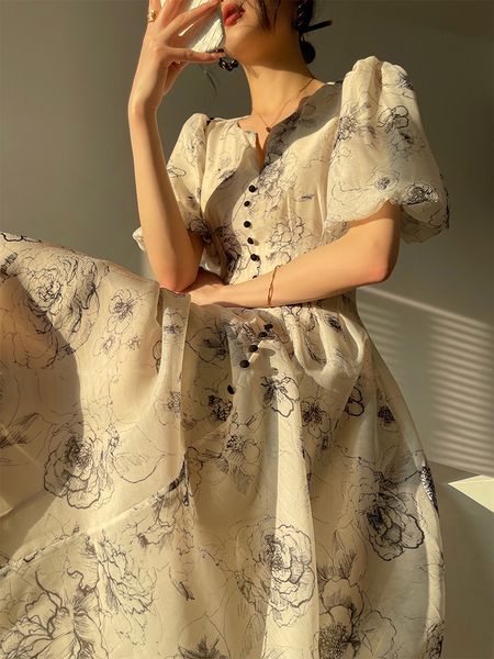 

casual dresses ladies vintage floral a-line dresses summer waist puff sleeves printed elegant midi dress for women clothing 230425, Black;gray