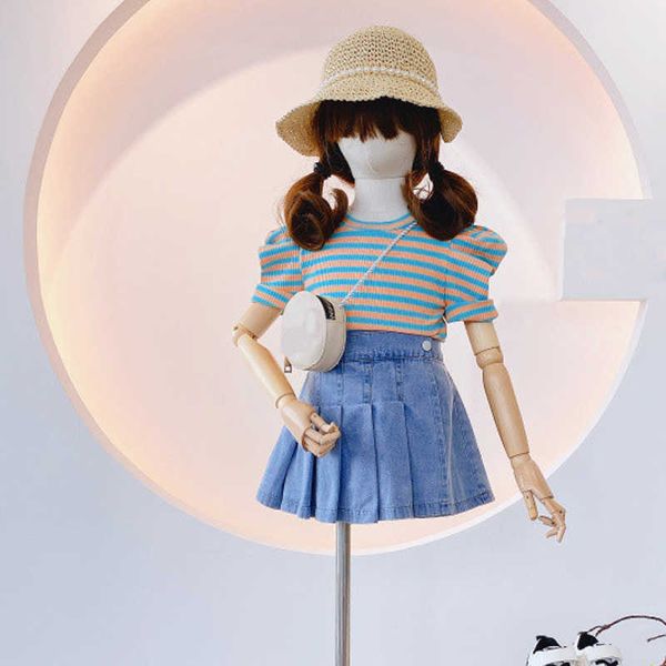 

clothing sets summer girls' clothing sets puff sleeves striped ruffled edge denim skirt pants baby kids clothes suit children clothing, White