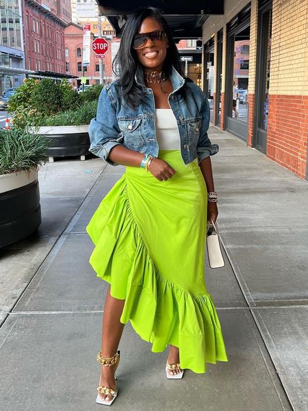 

skirts neon green cascading ruffle asymmetrical hem skirt for women elastic high waist big swing birthday party club bottom 230424, Black