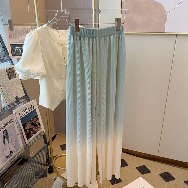 

Women' Pants Ice Silk Pleated Gradient Temperament Thin Wide Leg Women' Summer Sports Casual Floor Sweeping, Gradient green