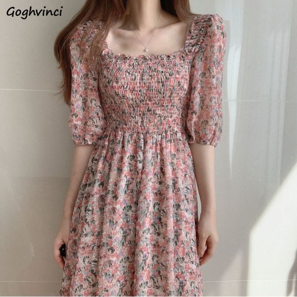 

casual dresses s-3xl floral chiffon dress women sweet puff sleeve empire vintage fairy slim square collar vestido pink temperament elegant c, Black;gray