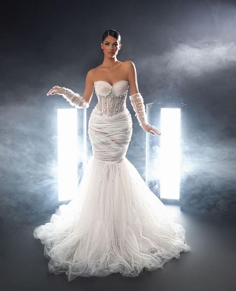 

elegant mermaid prom dresses long sleeves v neck appliques sequins beaded floor length diamonds pearls lace folds evening dress bridal gowns, Black