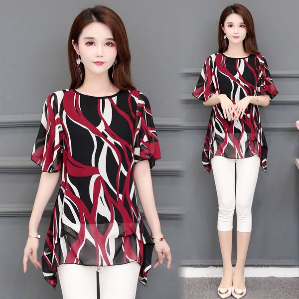

summer tunics women elegant chiffon blouse ladies plus size short sleeve long shirt loose casual, White