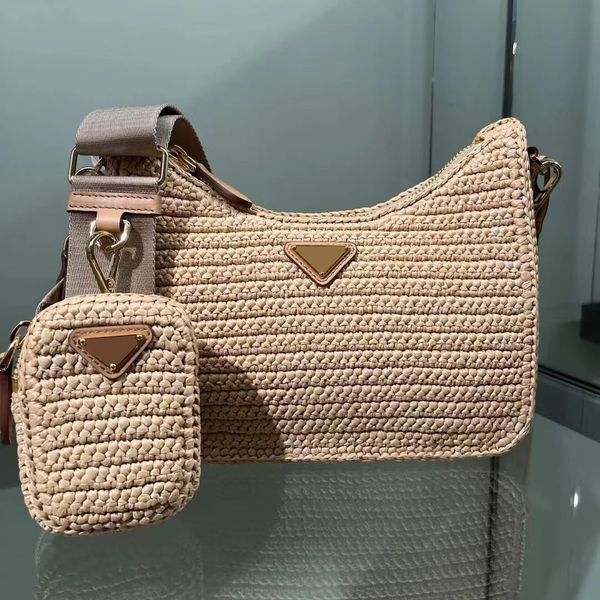

2023 weave straw small 3piece tote triangle raffias bags womens mens pochette designer bag luxury shoulder handbag crossbody bags prad cross