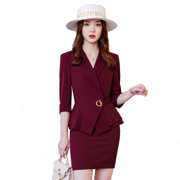 

two piece dress women office skirt suit highend summer classic mid sleeve professional ladies jacket slim 230425, White