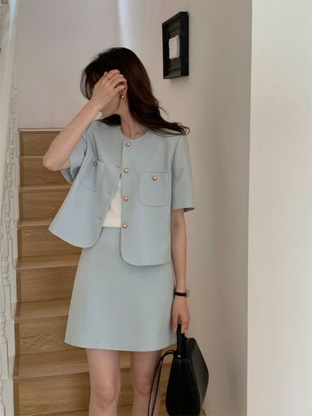 

two piece dress tg short sleeve single breasted small fragrant coat high waist aline skirt set for women 2023 summer 19330 230425, White