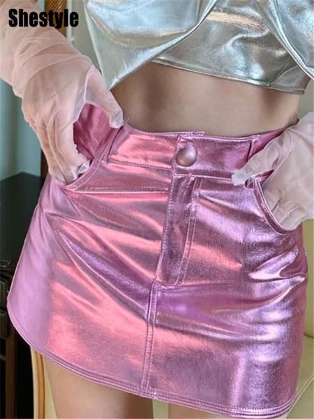 

skirts shestyle zipper fly pockets aline skirt women pink preppy style y2k high waist mini girl silver party bottom 2023 230424, Black
