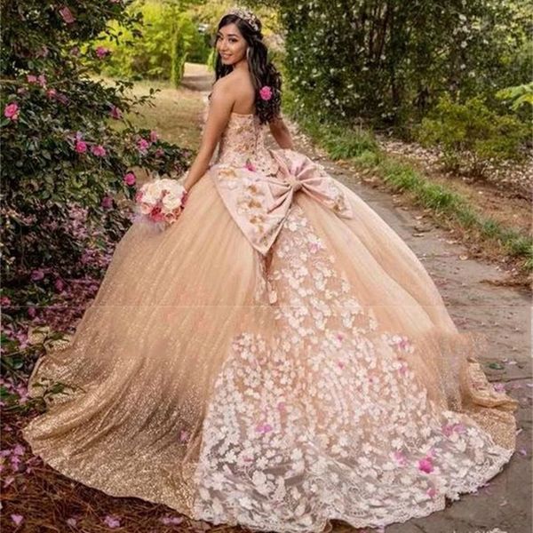 

sparkly sequined quinceanera dresses with 3d floral appliques sleeveless sweetehart neck lace-up bow back champagne beaded princess prom par, Blue;red