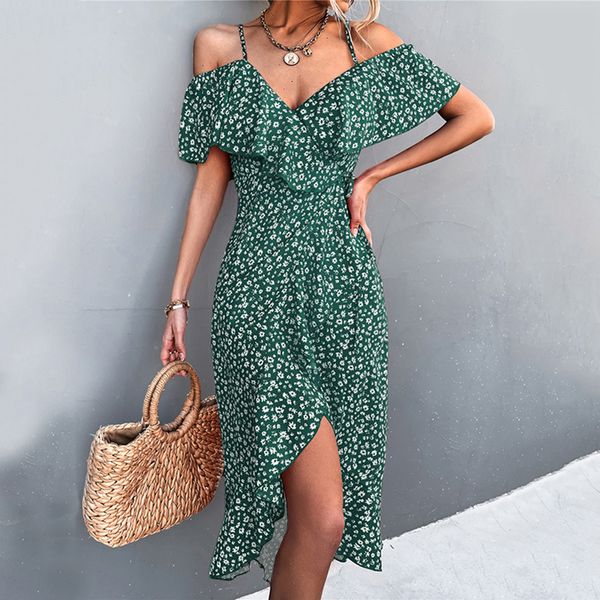 

casual dresses wayoflove ladies spring summer straps dress women green off shoulder ruffles casual beach dresses female floral print dress 2, Black;gray