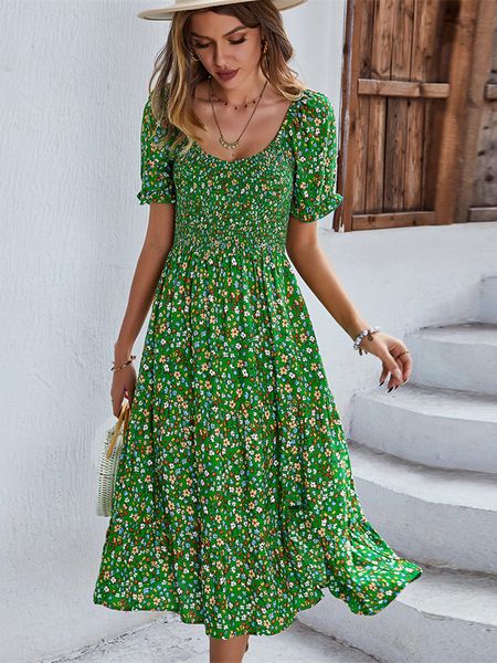 

casual dresses ladies vintage floral print boho summer dress women casual elastic bohemian beach dress women sundress robe vestidos female 2, Black;gray