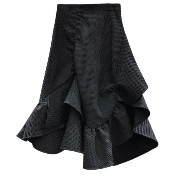 

skirts korean fashion high waist ruffles elegant for women 2023 allmatch streetwear pleated asymmetrical skirt 230424, Black