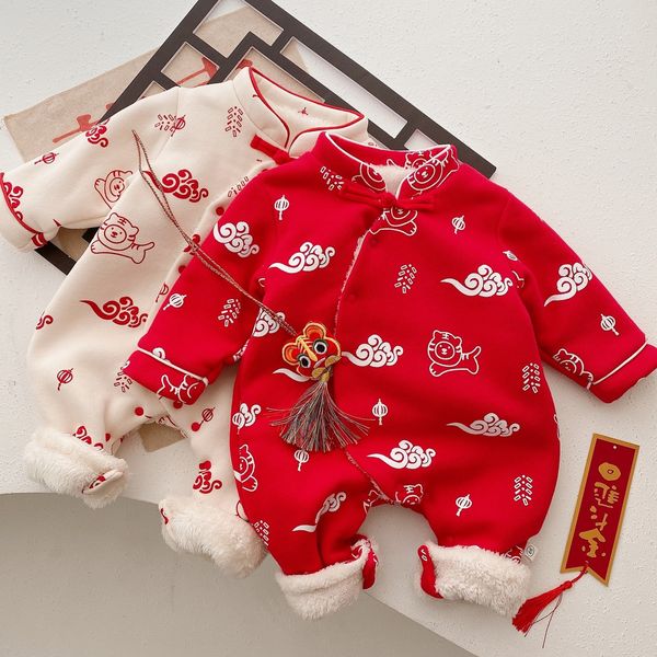 

rompers baby chinese traditional clothes plus velvet thicken warm winter infant outwear born boy girl rompers for year 230425, Blue