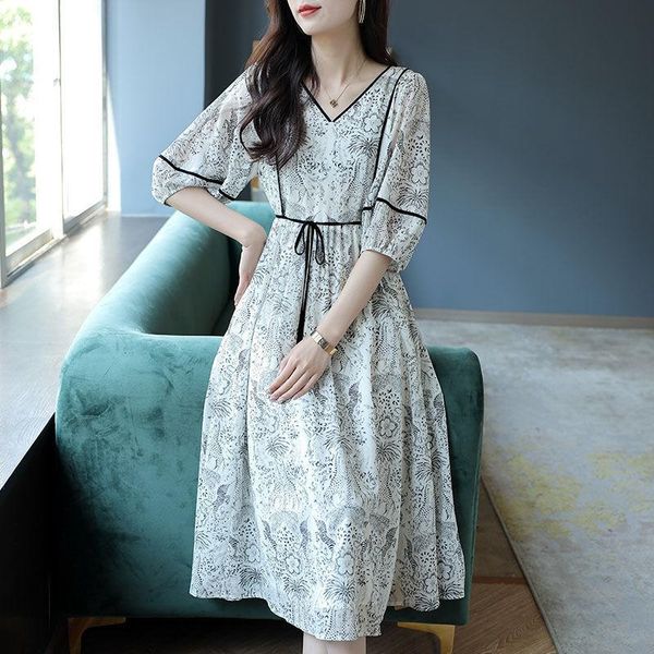 

dresses fashion vneck printed spliced loose bandage bow midi dress women's clothing 2023 summer new half sleeve office lady long dress, Black;gray