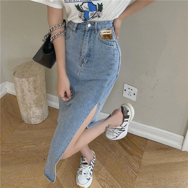 

skirts high waist side split denim women's summer slim aline spicy girls wrap hip length korean fashion long 230424, Black