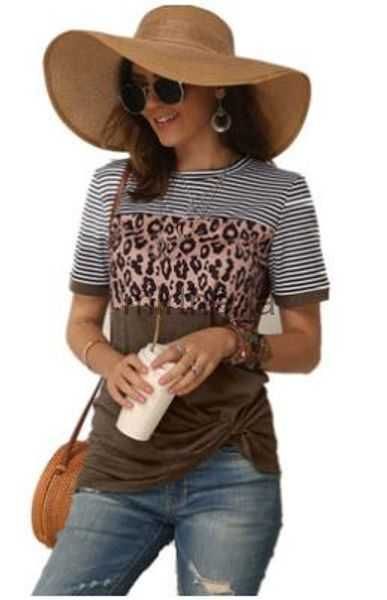 

& women's blouses shirts fashion women casual short sleeve summer t-shirt leopard stripes stitching t shirt tees femme ladies tshirt cl, White