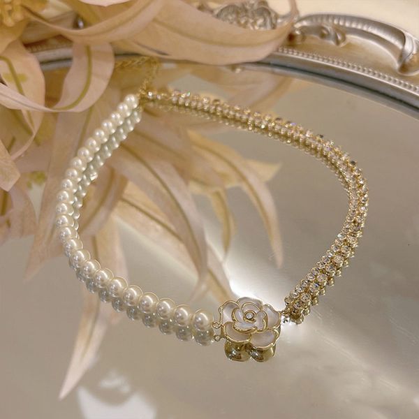 

strands strings luxury korean fashion pearl rose chain necklace for women clavicle wedding choker jewelry party gifts 230424, Black