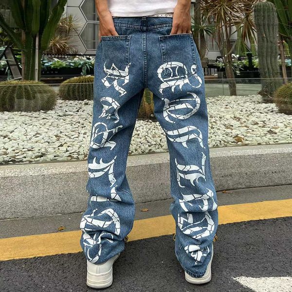 

men's jeans high street sanskrit carck print straight jeans pants for men and women vibe style loose washed retro casual denim trousers, Blue