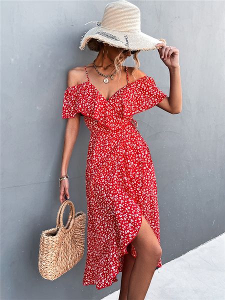 

casual dresses summer models ladies dress one-shoulder floral elegant suspender dress high wasit irregular long dresses for women 230425, Black;gray