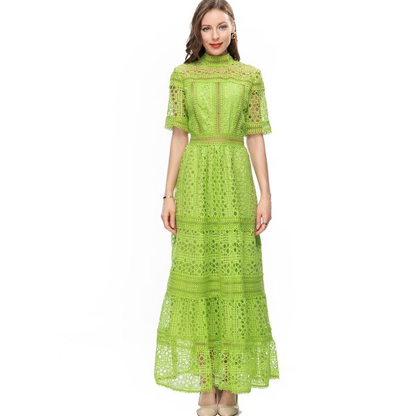 

women's runway dresses stand collar short sleeves embroidery hollow out elegant designer party prom gown, Black