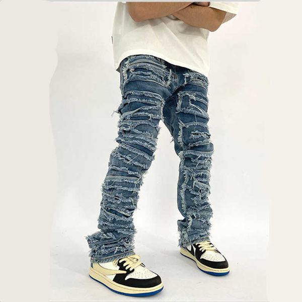 

men's jeans 2022 vibe style patchwork retro washed men baggy jeans pants hole ripped hip hop straight vintage denim trousers pantalon h, Blue