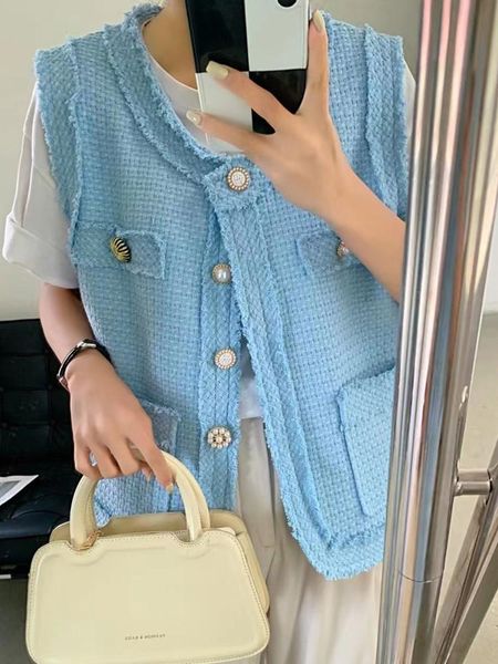 

leather hma new fashion tweed vest jacket trend oneck single breasted sleeveless coat women chic waistcoat outwear, Black