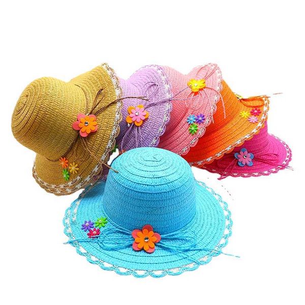 

s girls beige flower wreath straw cap wide wavy brim summer uv protect sunscreen beach hats 3-8 years p230424, Yellow