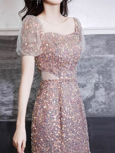 

elegant shiny cocktail dresses mermaid sequins square collar a-line puff sleeve illusion backless formal banquet prom gowns, Black