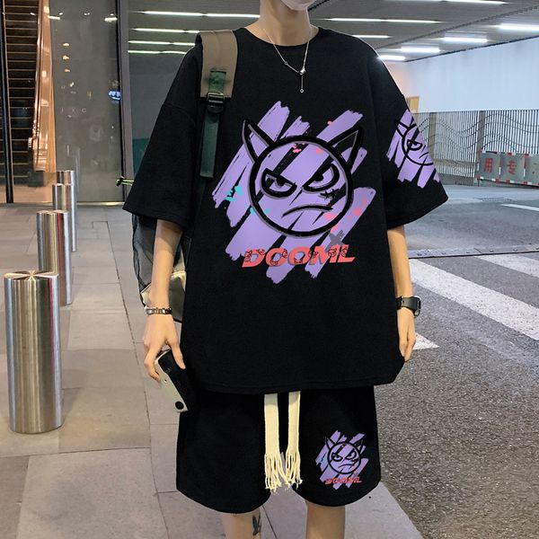 

men's tracksuits mens loose graphic print men short sets korean harajuku high street tshirt sweat pants two piece set summer 230424, Gray