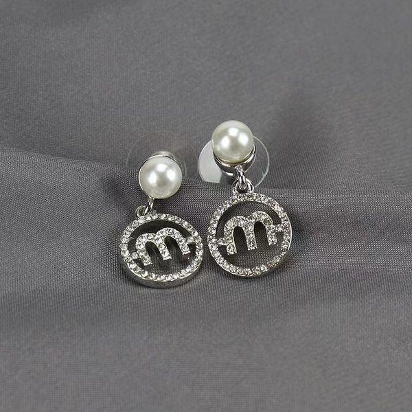 

miu round earrings with hollowed out letters and diamond studded pearl earrings s925 silver needle earrings, Golden;silver