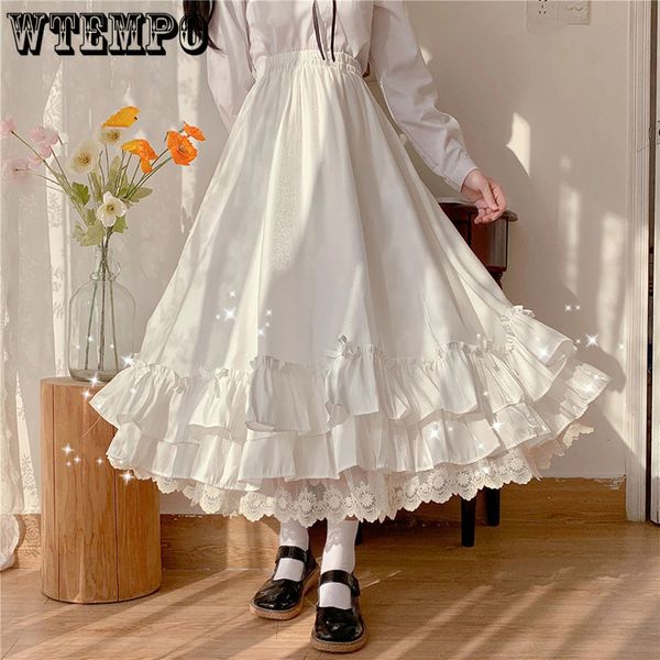 

skirts japanese solid color double layer vintage french ruffled a-line hepburn style black white half female long 230424