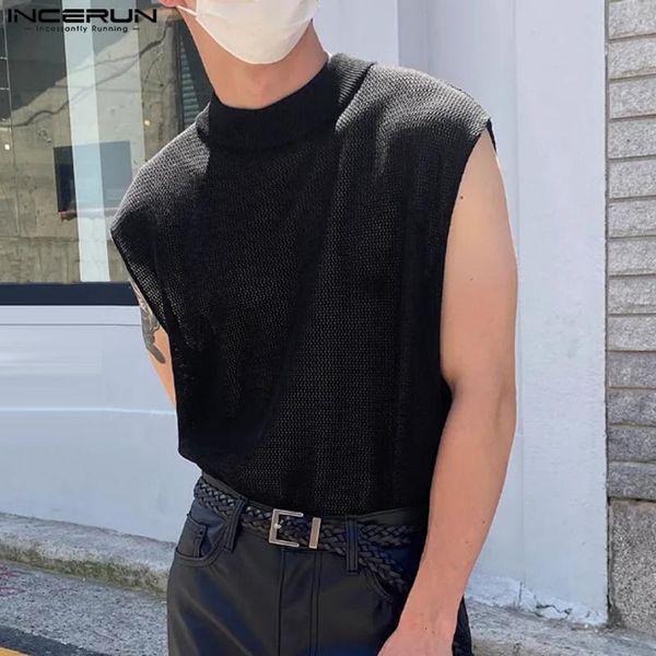 

mens tank mesh solid color turtleneck sleeveless transparent vests streetwear 2023 fashion clothing s5xl incerun 230425, White;black