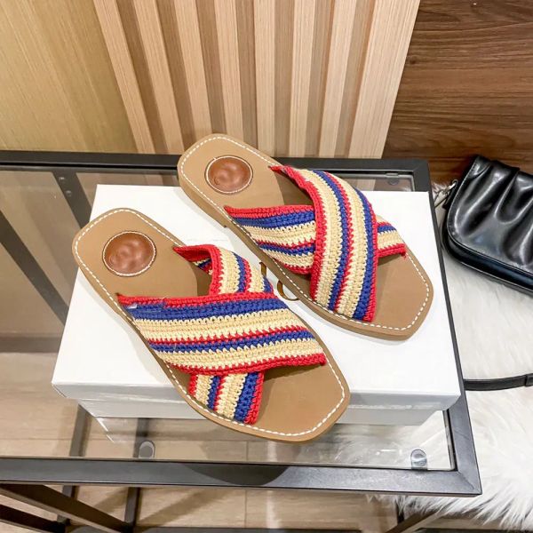 

One and a half line slippers high-end brand designer sandals 2023 summer new flat bottomed color woven summer colorful fashion versatile slipper