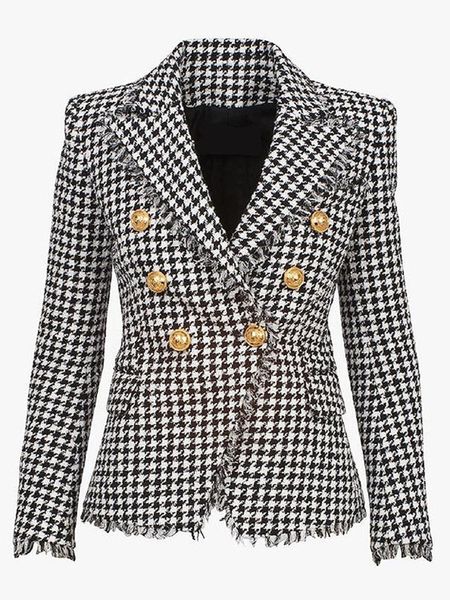 

pants high street 2023 designer fashion jacket women's slim fit doublebreasted lion buttons houndstooth tassel tweed blazer, White