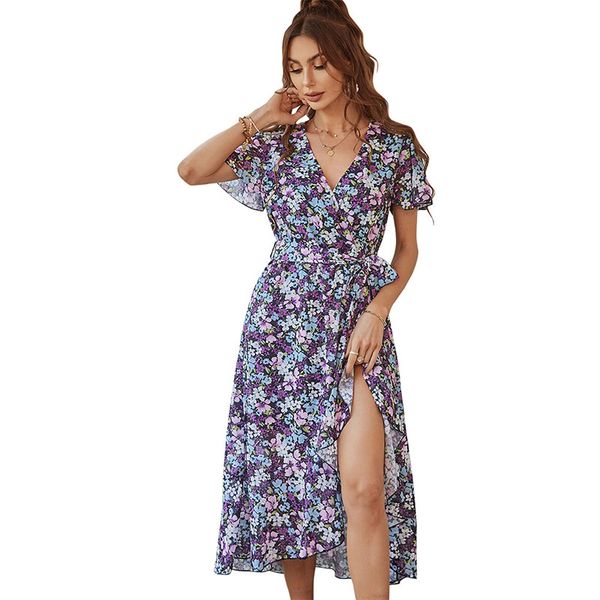 

v-neck a-line midi casual dress asymmetrical chiffon flutter short sleeves criss crossed high waist floral printed sashes tiered ruffles spl, Black;gray