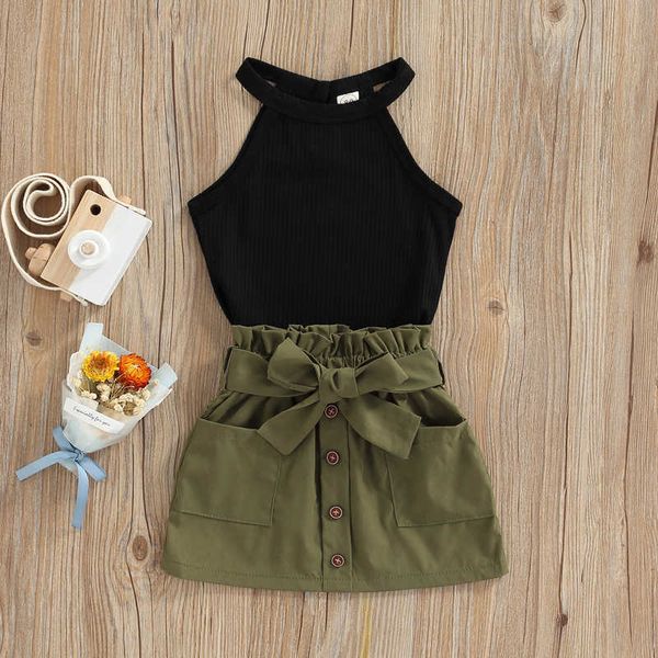 

clothing sets 1-5y kids girls summer clothes sets baby sleeveless ribbed tank + pockets button short skirts with belt children outfits w042, White