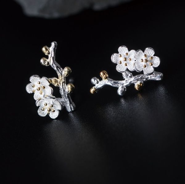 

925 sterling silver sweet flower stud earring ethinic style mini branch plum earrings for women summer jewelry gifts, Golden;silver