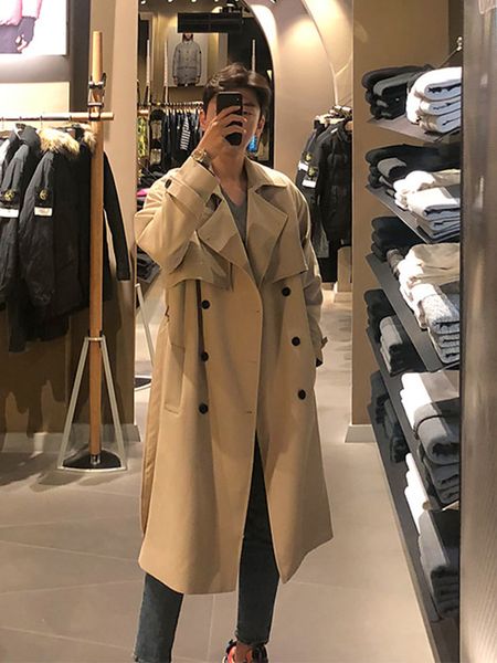 

men's trench coats coat slim fit double breasted belted windbreaker lapel long jacket casual windproof overcoat in male mxxl 230424, Tan;black